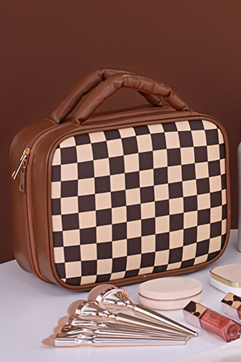 Black Checkered Multiple Compartments PU Leather Cosmetic Bag