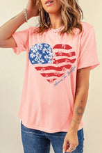 Pink Floral American Flag Heart Shape Graphic T Shirt