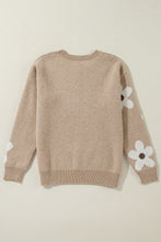 Parchment Flower Pattern Ribbed Trim Crew Neck Sweater