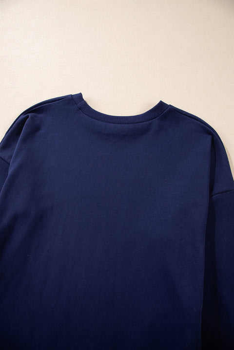 Navy Blue Solid O Neck High Low Hem Pullover Sweatshirt