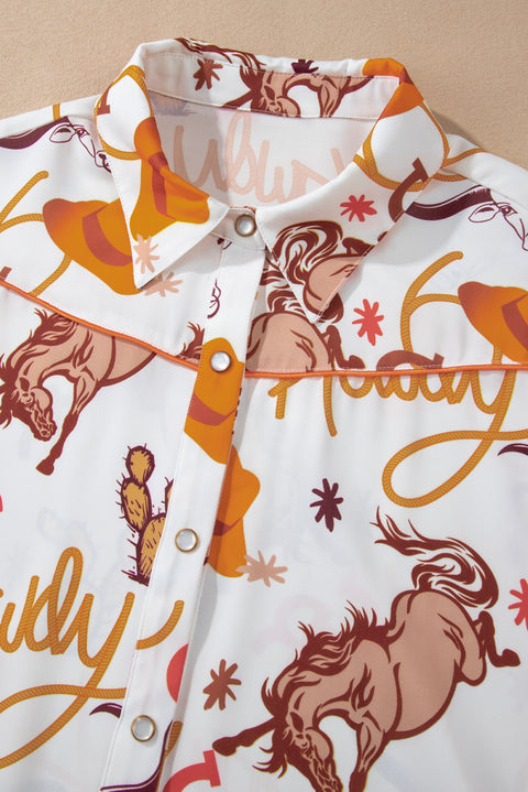 Beige howdy Western Patterns Button up Loose Shirt