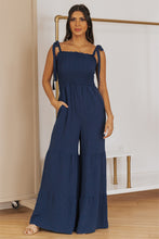 Tie Straps Shirred Bodice Tiered Wide Leg Jumpsuit