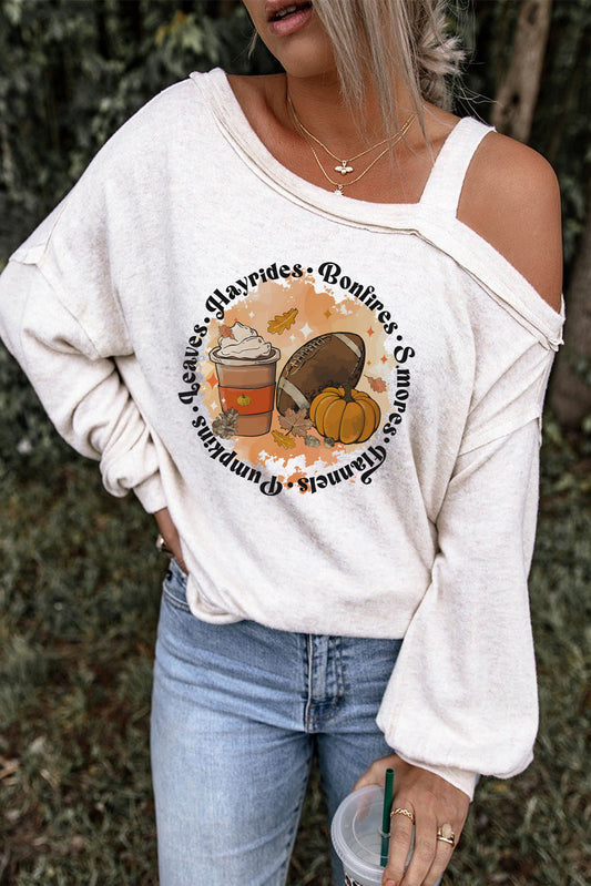 Beige Pumpkin Rugby Slogan Print Cold Shoulder Top