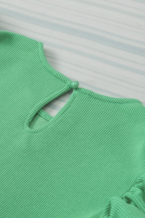 Green Ribbed Knit Puffy Ruffle Sleeve Blouse