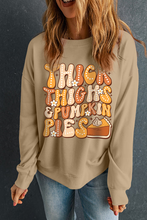 Khaki Thick Thighs & Pumpkin Pies Drop Shoulder Graphic Sweatshirt