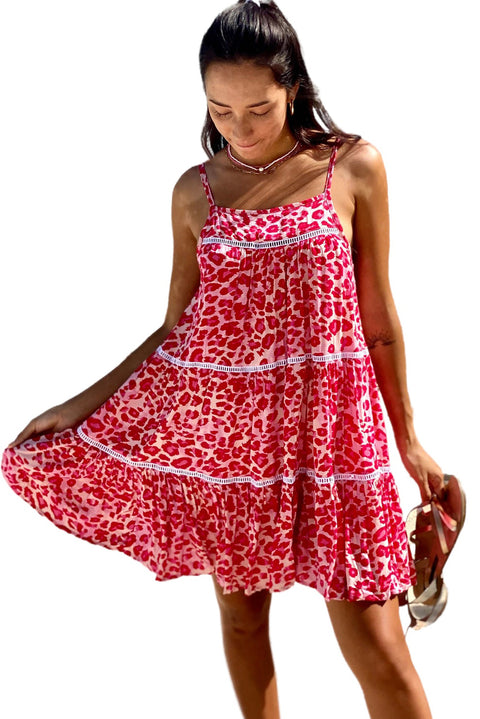 Rose Leopard Print Lace Trim Flared Sundress