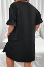 Black Solid Ruffled Puff Sleeve V Neck Plus Size Mini Dress