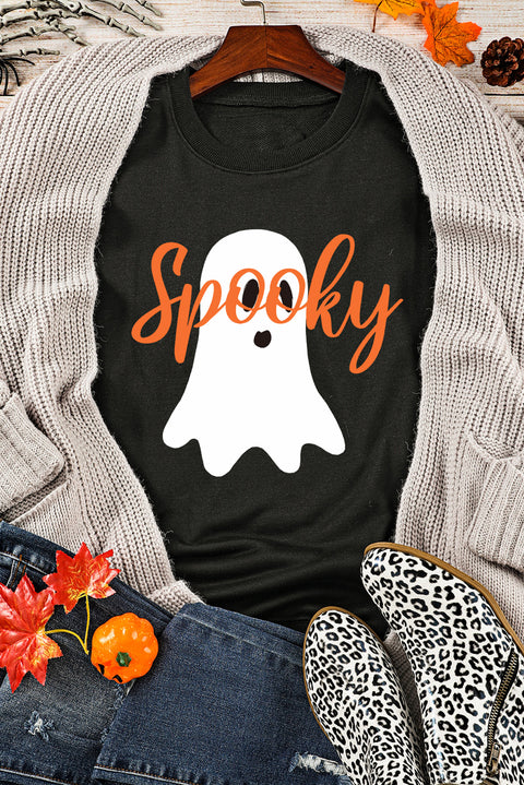 Black Halloween Spooky Ghost Print Crewneck Pullover Sweatshirt