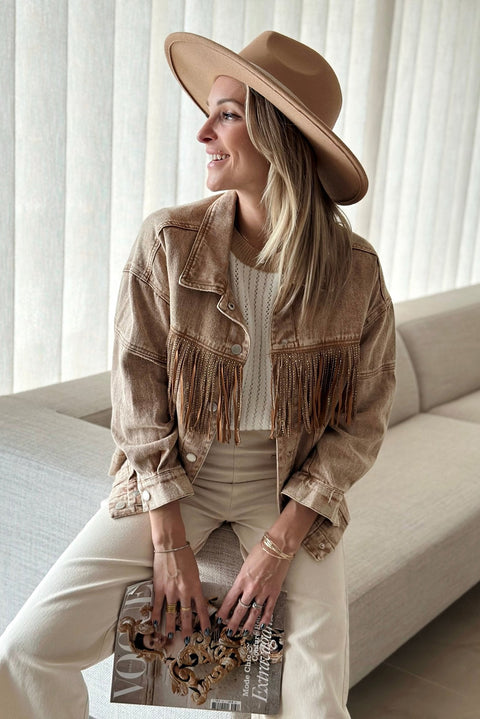 Brown Rhinestone Fringed Cowgirl Fashion Denim Jacket