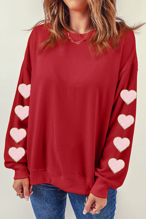 Red Heart Shaped Glitter Chenille O Neck Sweatshirt