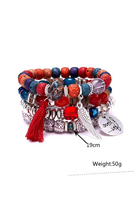 Fiery Red 4pcs Wing Shape Tassel Pendant Beaded Bracelet Set