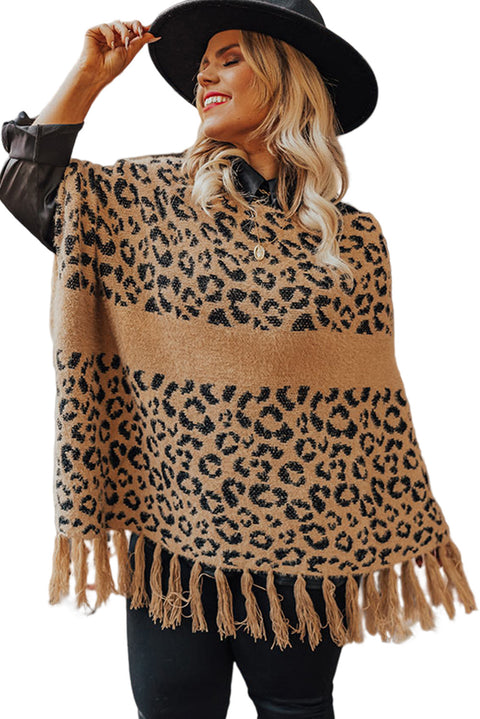 Leopard Plus Size Tasseled Hem Draped Poncho