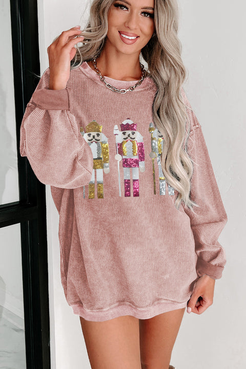 Pink Christmas Nutcracker Pattern Ribbed Oversized Sweatshirt