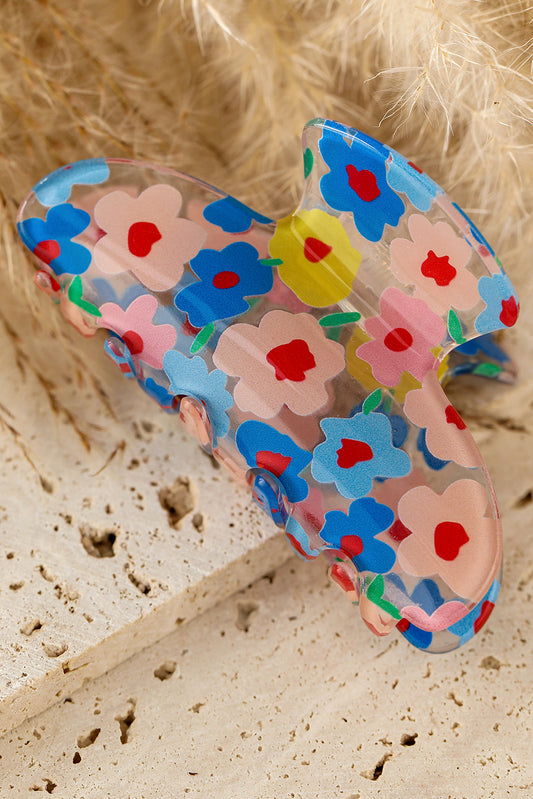 Light Blue Vibrant Flower Print Transparent PVC Hair Clip