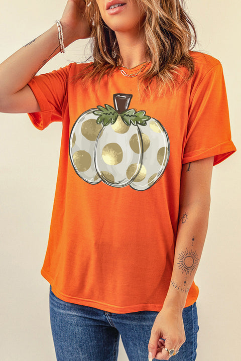 Orange Thanksgiving Pumpkin Pattern Crew Neck Short Sleeve Top