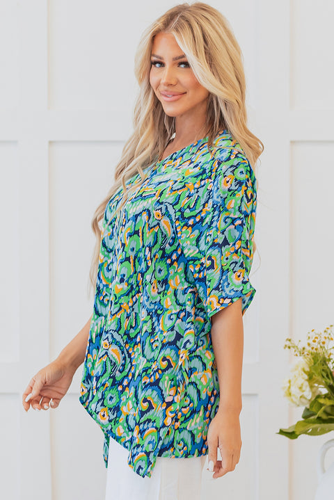 Green Abstract Print V Neck Half Sleeve Loose Fit Tunic Blouse