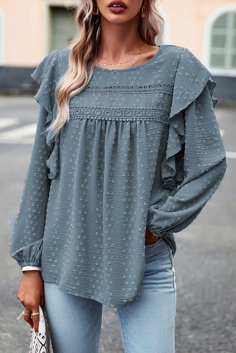 Black Lace Eyelet Ruffle Shoulder Long Sleeve Blouse