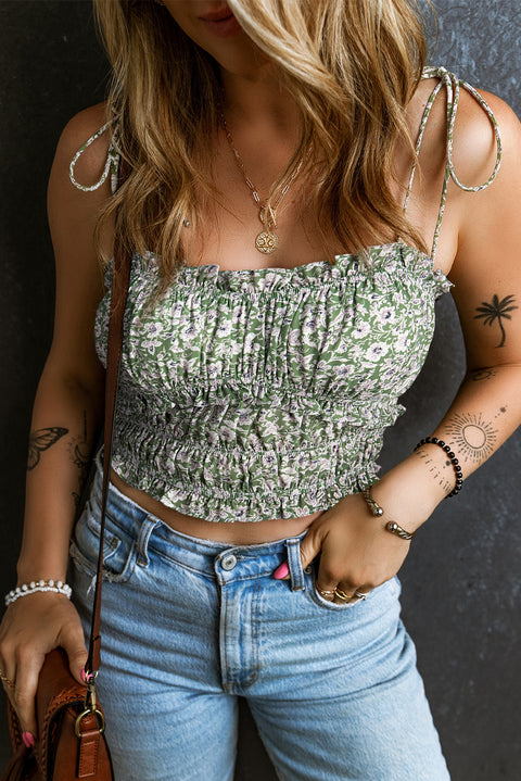 Green Floral Print Tie Spaghetti Straps Cropped Tank Top