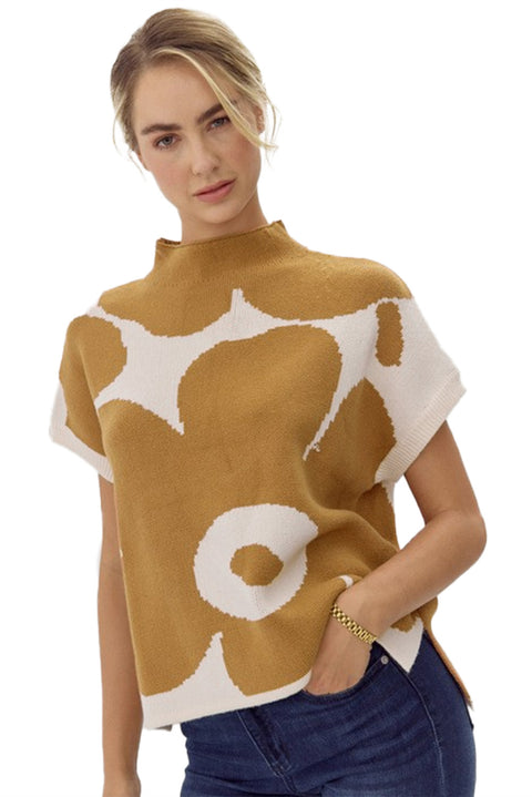 Camel Big Flower Pattern Stand Neck Short Sleeve Sweater