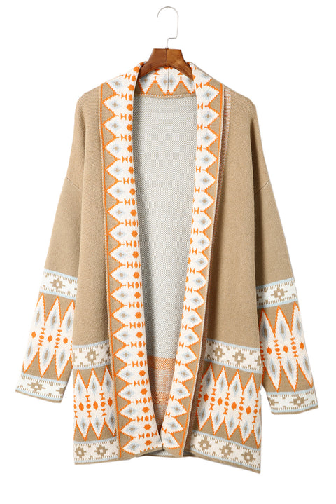 Khaki Aztec Print Open Front Knitted Cardigan