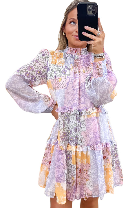 Multicolour Floral Smocked Mock Neck Ruffled Tiered Bubble Sleeve Dress