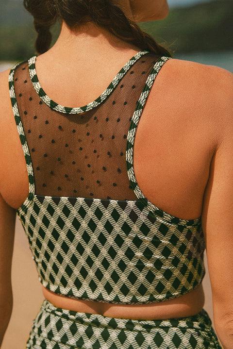 Green Dotted Mesh Plaid Patchwork High Waisted Bikini