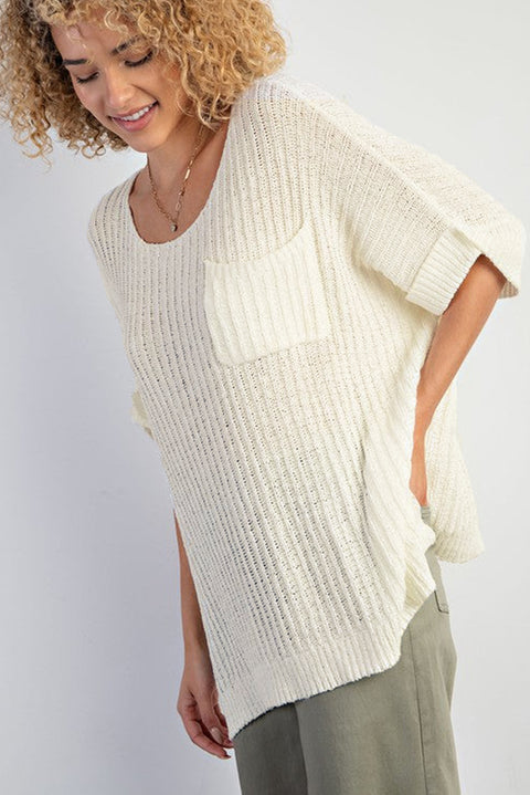 White Rolled Cuffs Loose Knit Tee with Slits