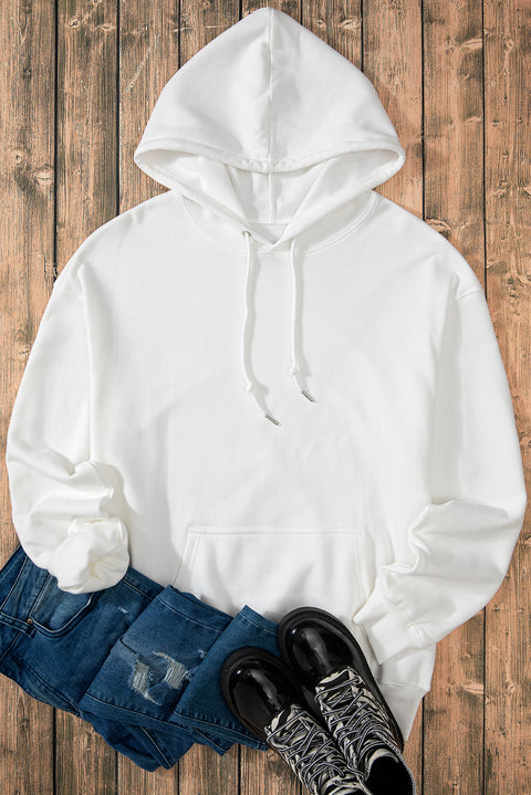 White Fleece Lined Kangaroo Pocket Drawstring Chunky Hoodie