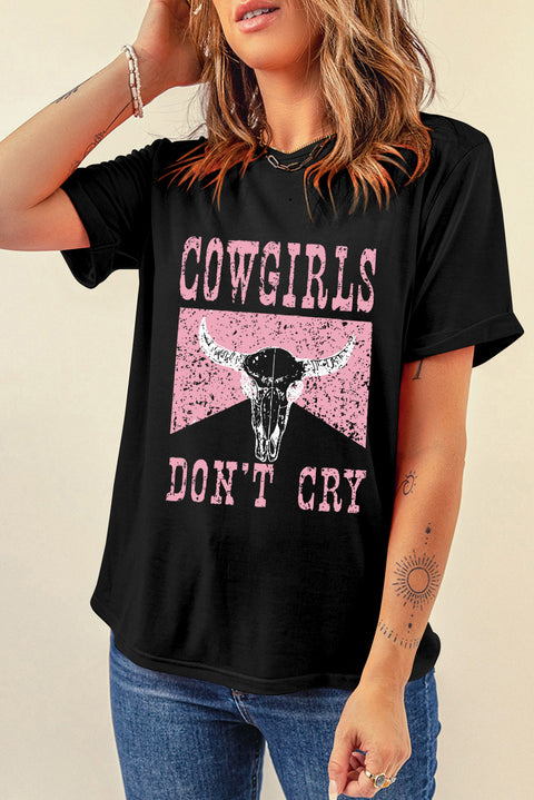 Black COWGIRL DONT CRY Steer Head Print Short Sleeve Top