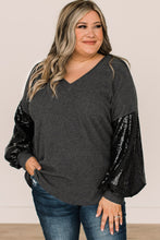 Black Plus Size Sequin Bubble Sleeve V Neck Knit Top