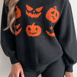 Black Halloween Pumpkin Face Pattern Drop Shoulder Sweater