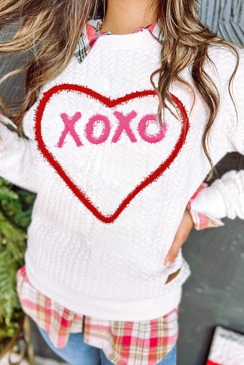 White Heart XOXO Chenille Embroidered Textured Sweatshirt