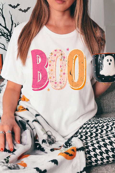 Camiseta blanca con gráfico de letra BOO de Halloween