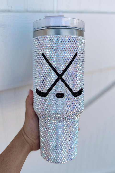 Silvery Hockey Game Day Rhinestone 40 Oz Tumbler with Handle