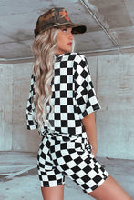 Black Checkerboard Print V Neck Loose Tee and Shorts Lounge Set