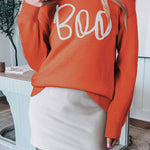 Orange Boo Knitted Pattern Ribbed Edge Drop Shoulder Sweater