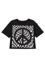 Black Checkerboard Peace Sign Printed Round Neck T Shirt