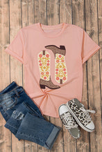 Pink Western Floral Boots Print Round Neck Loose T Shirt