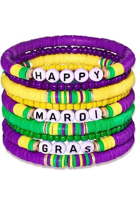 Tillandsia Purple Happy Mardi Gras Beaded Layered Bracelet Set