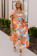 Orange Plus Size Flower Print Shirred Square Neck Maxi Dress