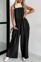 Black Textured Buttoned Straps Ruched Wide Leg Jumpsuit