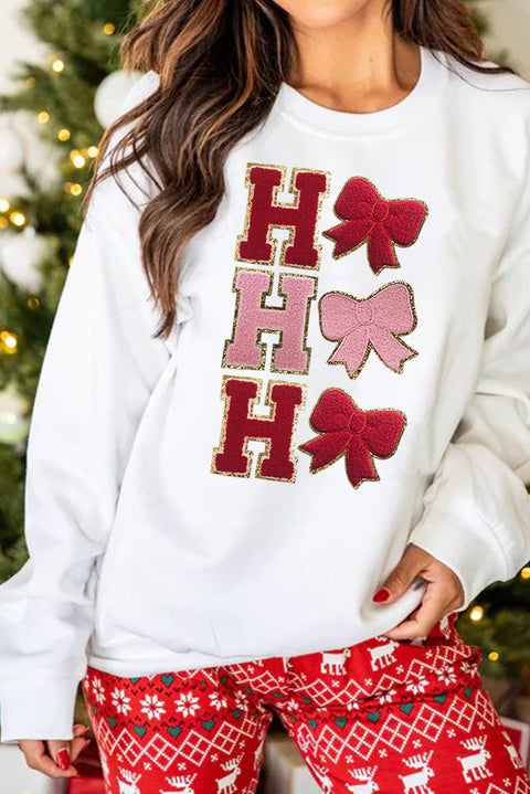 White Chenille HO HO HO Bow Patched Graphic Christmas Sweatshirt