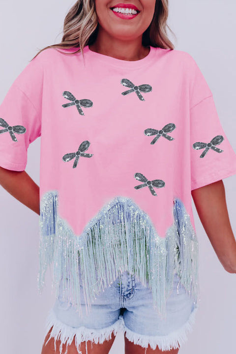 Pink Sequined Bow Knot Fringed Round Neck T Shirt