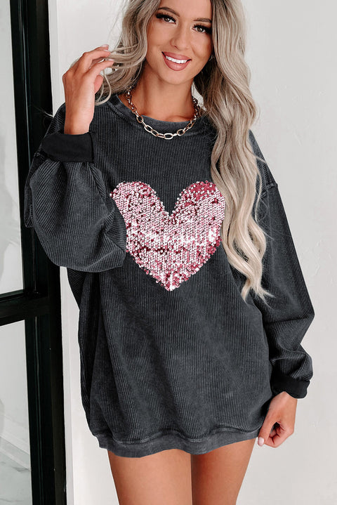 Black Sequin Heart Shaped Crewneck Corded Sweatshirt