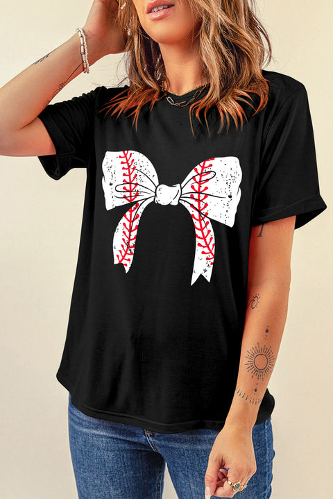 Black Baseball Bowknot Graphic Casual Tee