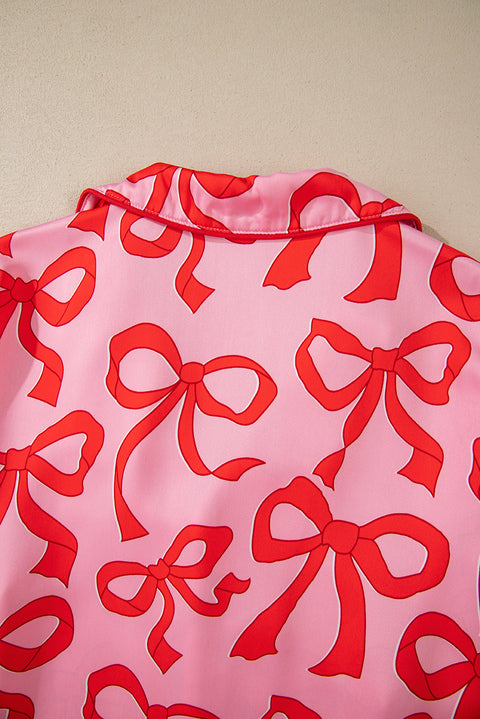 Pink 2pcs Bow Print Shirt Style Long Sleeve Pajama Set