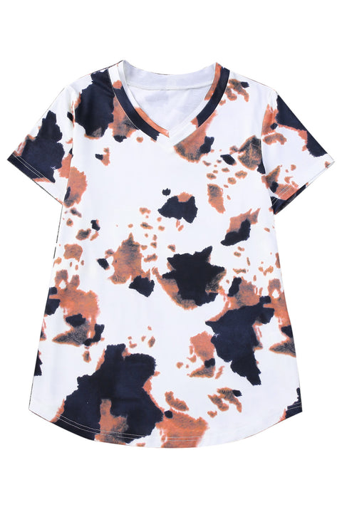 Cow Pattern Print Short Sleeve V Neck T Shirt