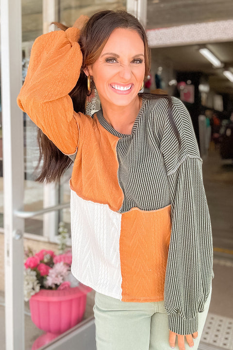 Grapefruit Orange Mixed Texture Color Block Long Sleeve Top