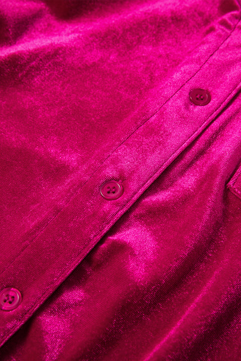 Pitaya Pink Buttoned V Neck Chest Pocket Velvet Shirt