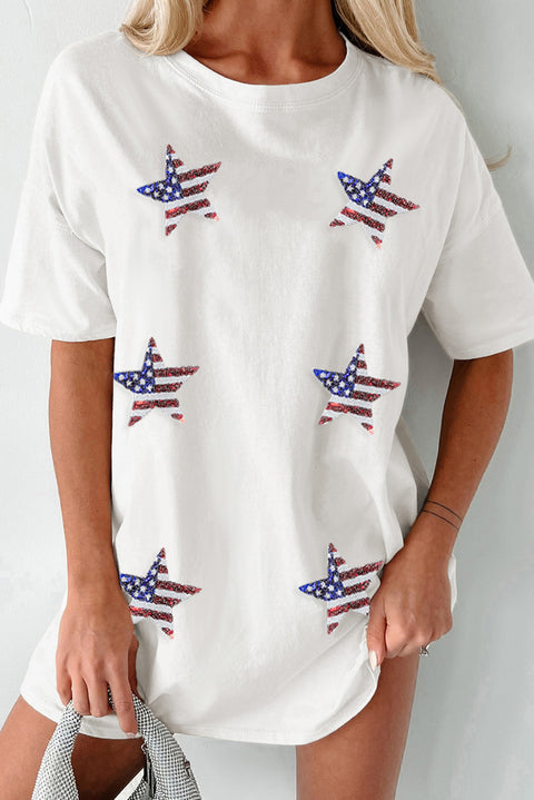 White Sequin American Flag Star Graphic Tunic T Shirt